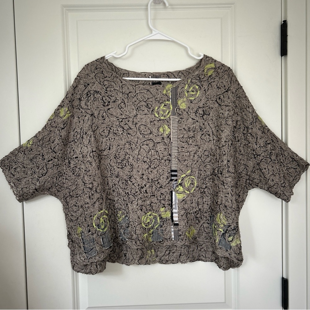 Stunning DIANE PREKUP Fiber Artist One Size Boxy Dolman Top w/ Applique